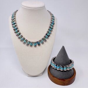 Taxco Mexican Sterling Silver Inlaid turquoise Barrel-Linked Set TS-45 TILO 925